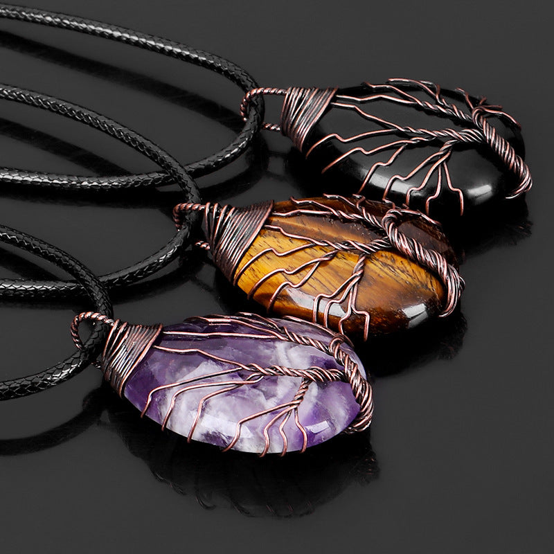 Natural Stone Crystal Drop-shaped Winding Tree Of Life Pendant Necklace