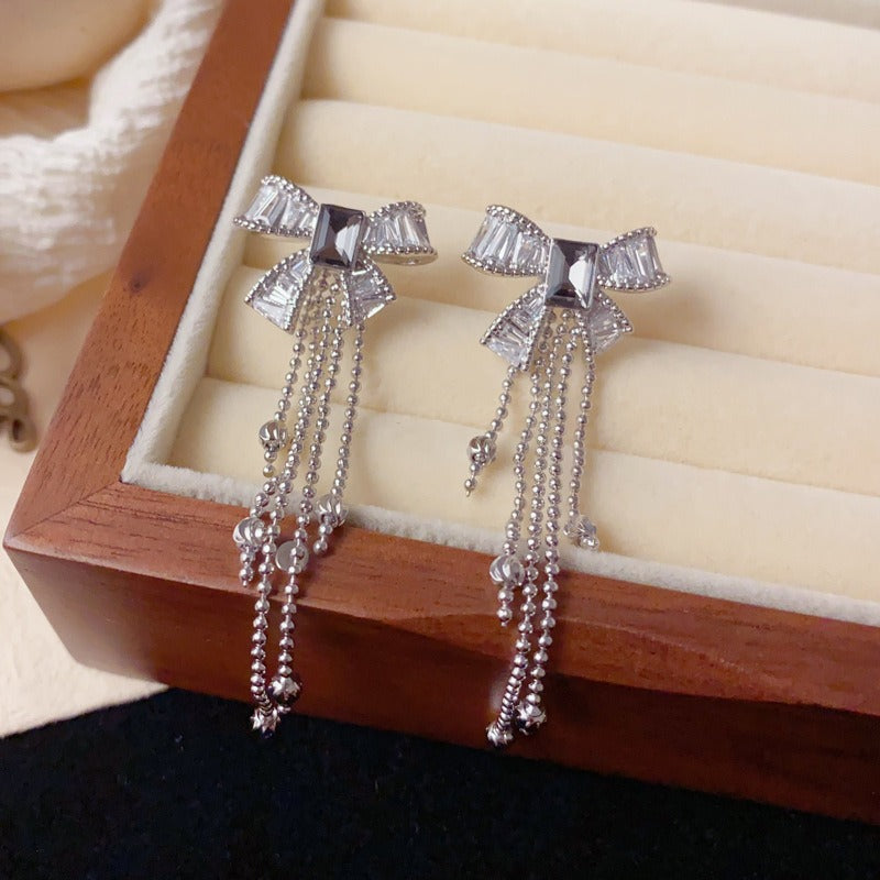 Elegant Zircon Bow Tassel Drop Earrings – French Retro Design