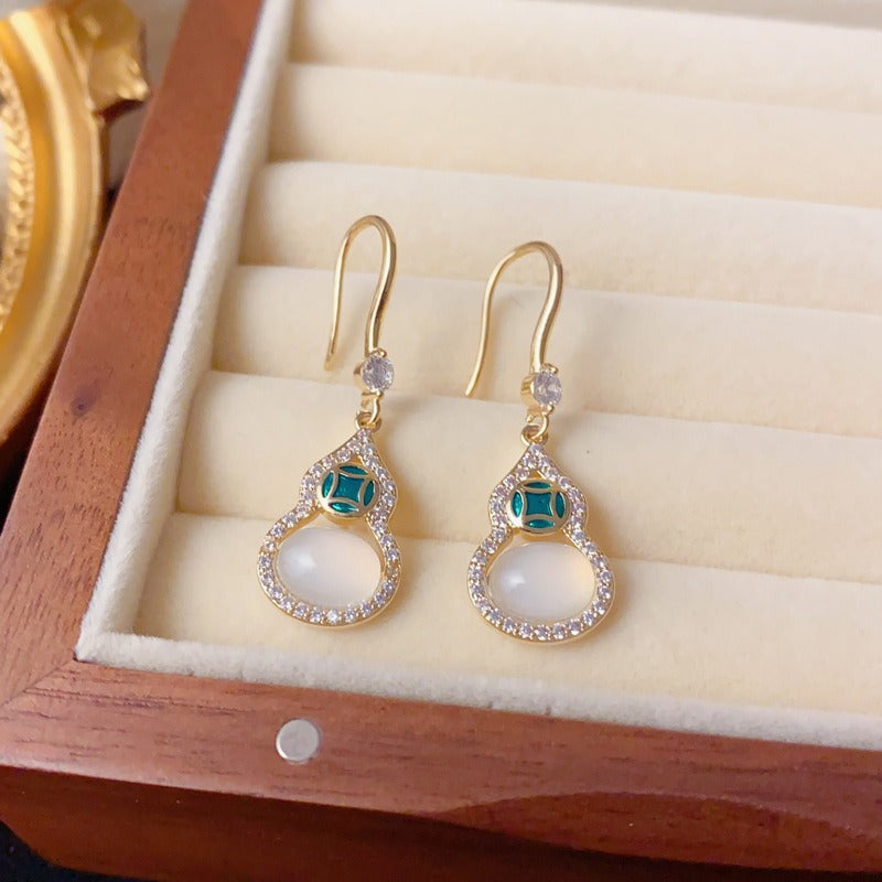 Elegant Full-Zircon Gourd Tassel Drop Earrings – Auspicious Design
