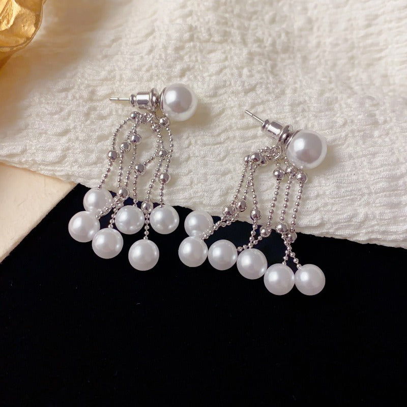 Elegant Two-Way Pearl Tassel Drop Earrings – Long Fringe Design