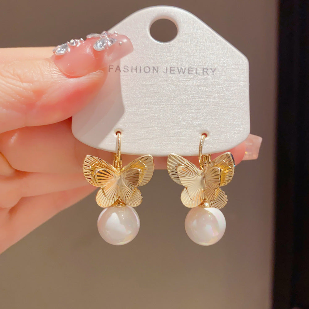 Eaioncol Butterfly Pearl Drop Earrings Gold 3