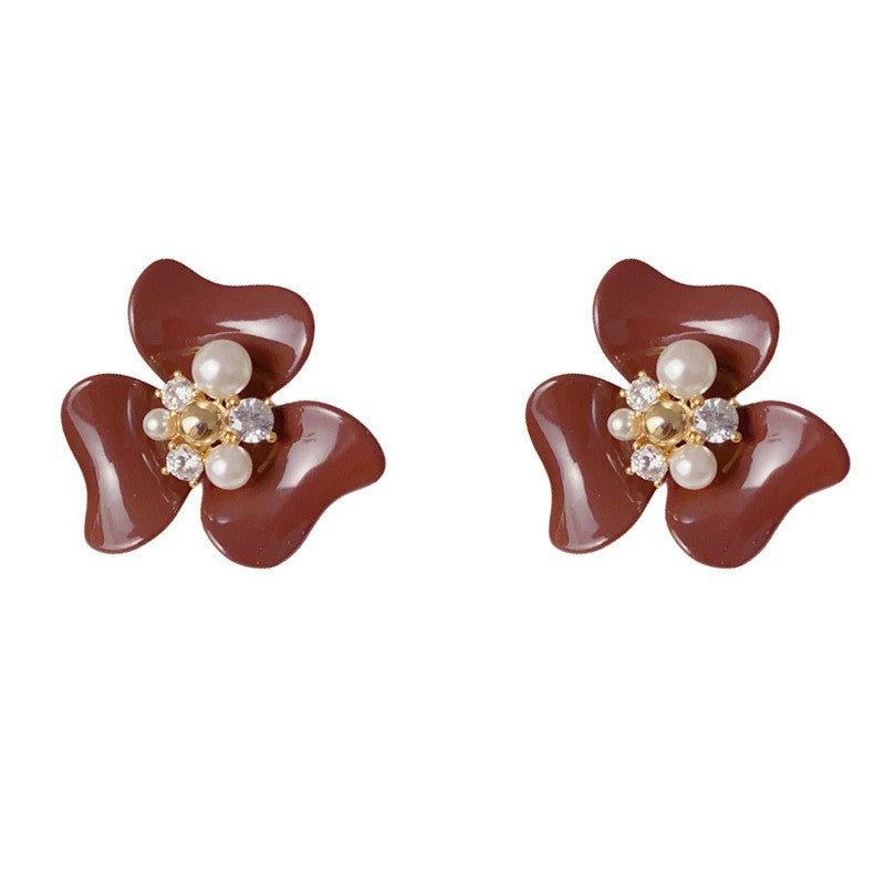 Eaioncol Enamel Pearl Floral Stud Earrings Brown White