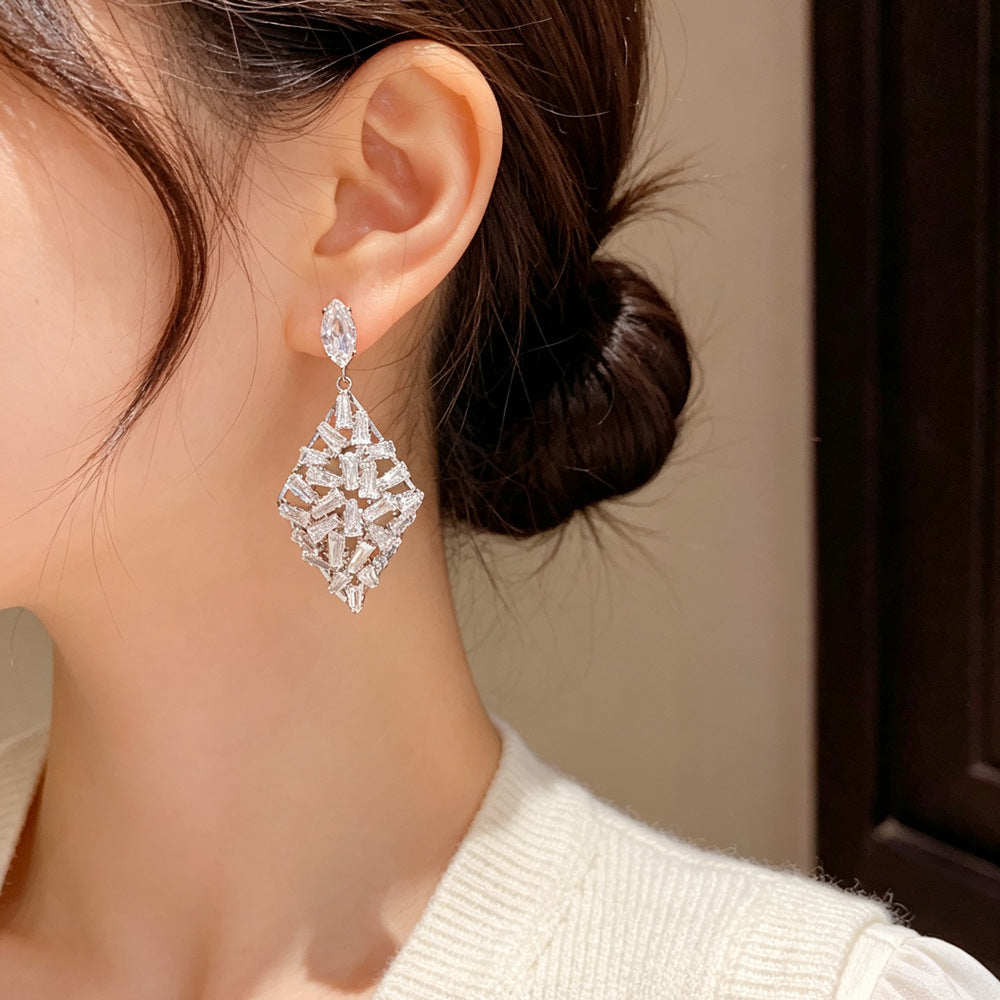 Eaioncol Full CZ Rhombus Drop Earrings Gold Silver 2
