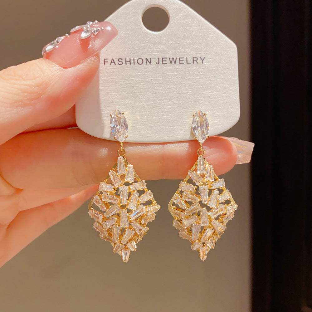 Eaioncol Full CZ Rhombus Drop Earrings Gold Silver 3