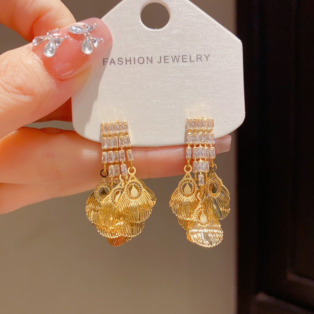 Eaioncol Peacock Tail CZ Tassel Drop Earrings Gold Silver 3