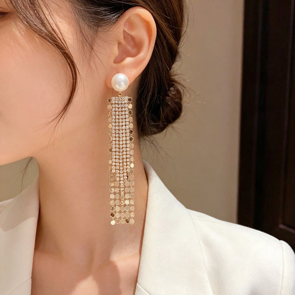 Eaioncol Pearl Geometric Tassel Drop Earrings Warm Gold 1