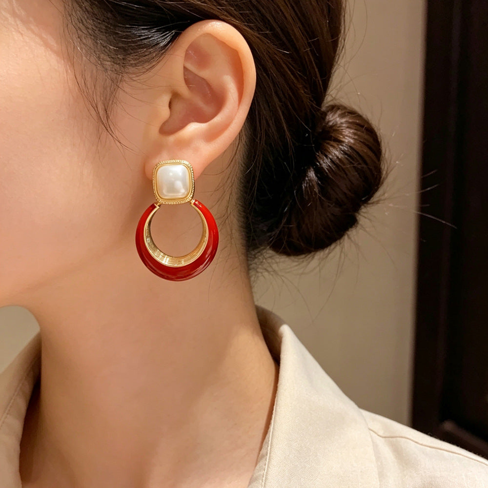 Eaioncol Square Pearl Red Circle Drop Earrings Gold 1