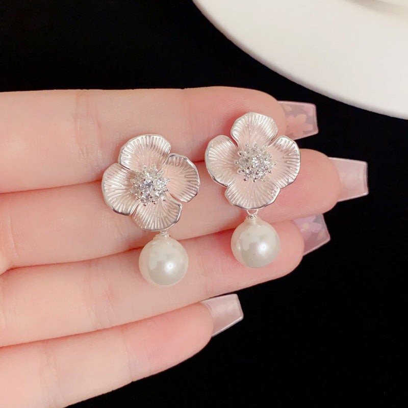 Elegant Pink Flower Pearl Drop Earrings – Petal Design for Women