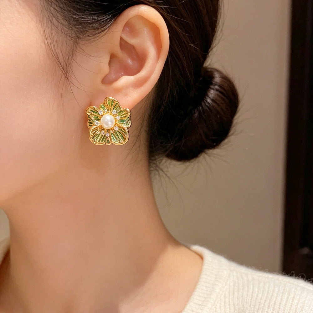 Eaioncol Green Metal Petal Pearl Hoop Earrings Gold
