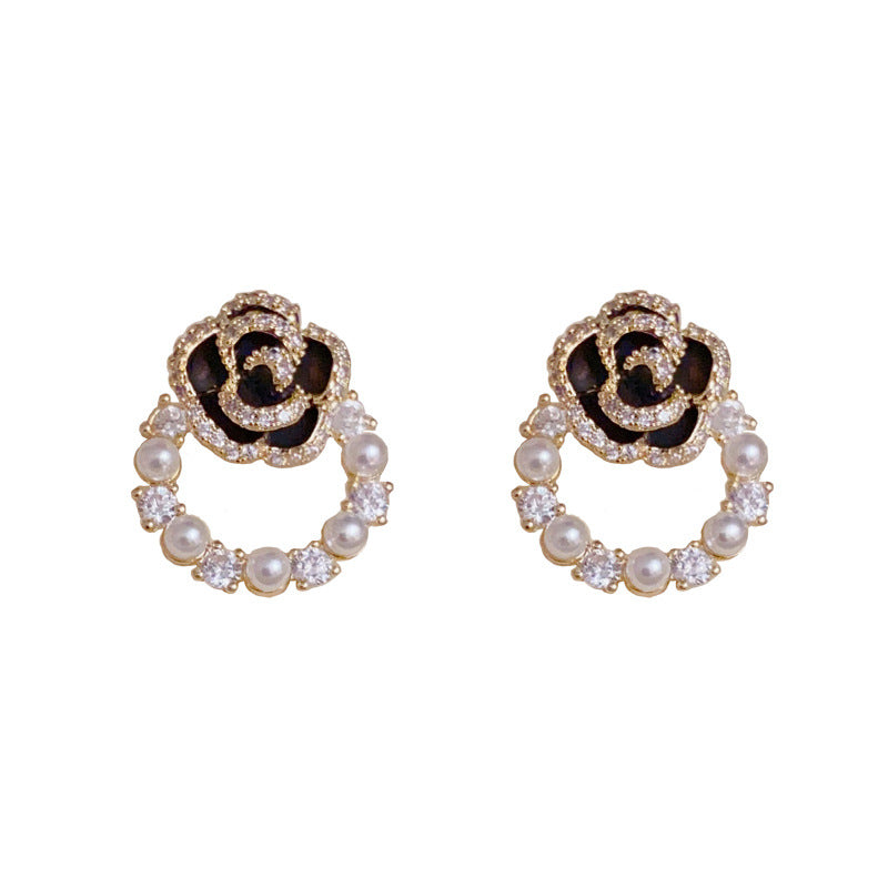 14K Gold-Plated Camellia Zircon Circle Earrings - Vintage Chic Design