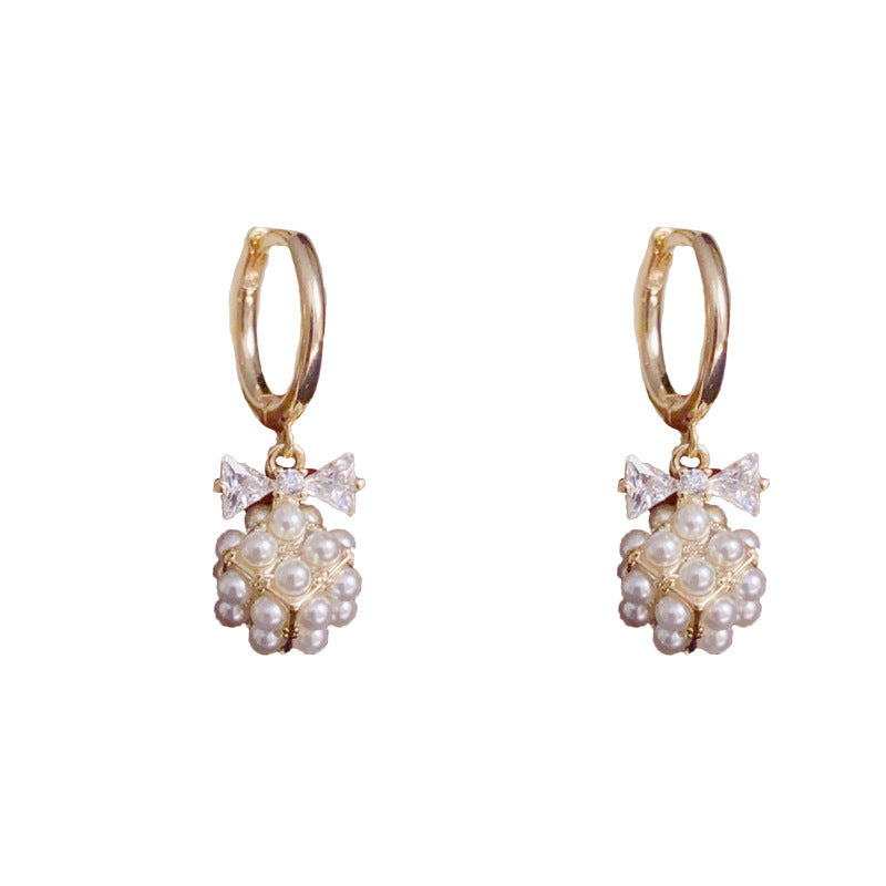 14K Gold Bow Pearl Ball Earrings - Chic Elegance Design
