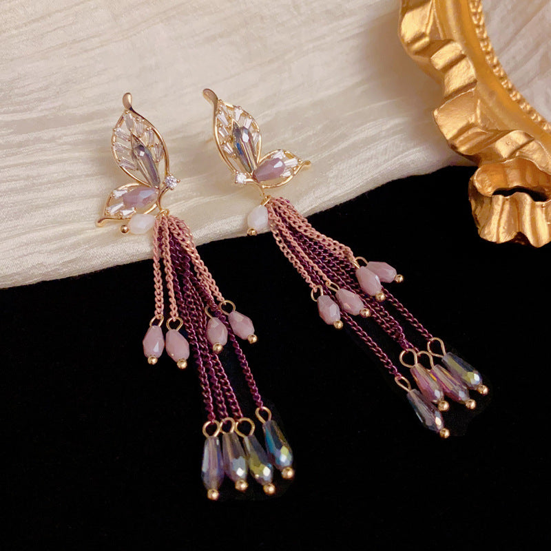 Luxury Butterfly Beaded Tassel Drop Earrings – Elegant Design