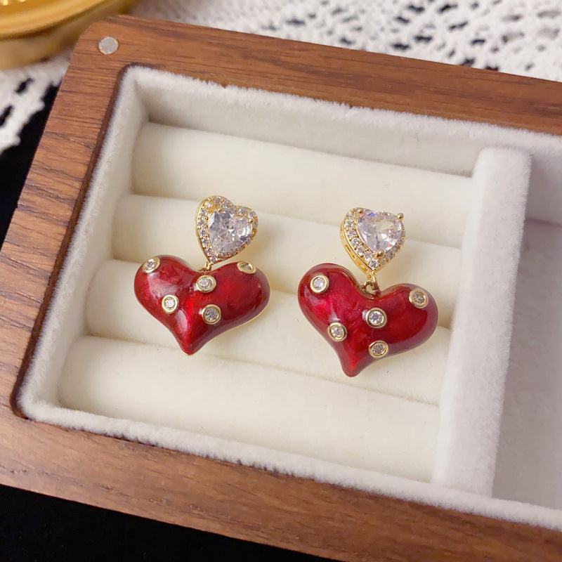 Red Enamel Heart Drop Earrings with Rhinestones – Elegant Design