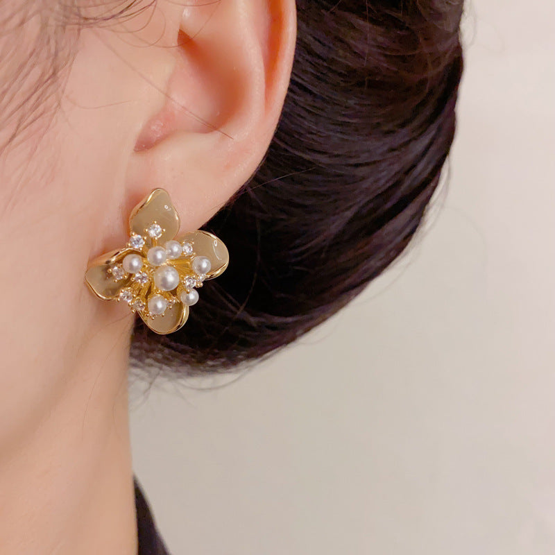 Luxury Zircon Pearl Enamel Petal Stud Earrings – Floral Design