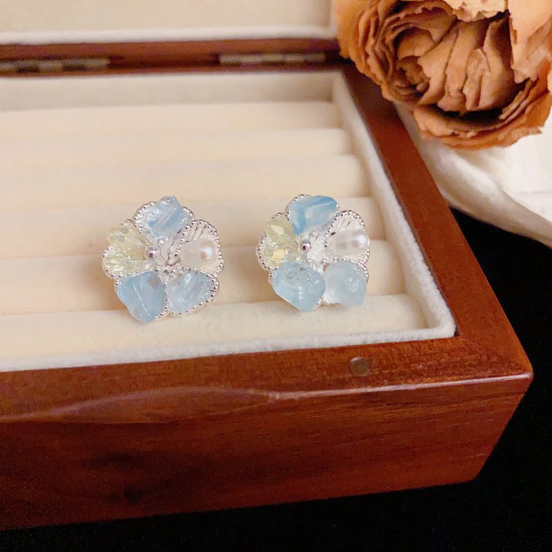 Luxury Gradient Crystal & Pearl Petal Stud Earrings –S925Silver Needle