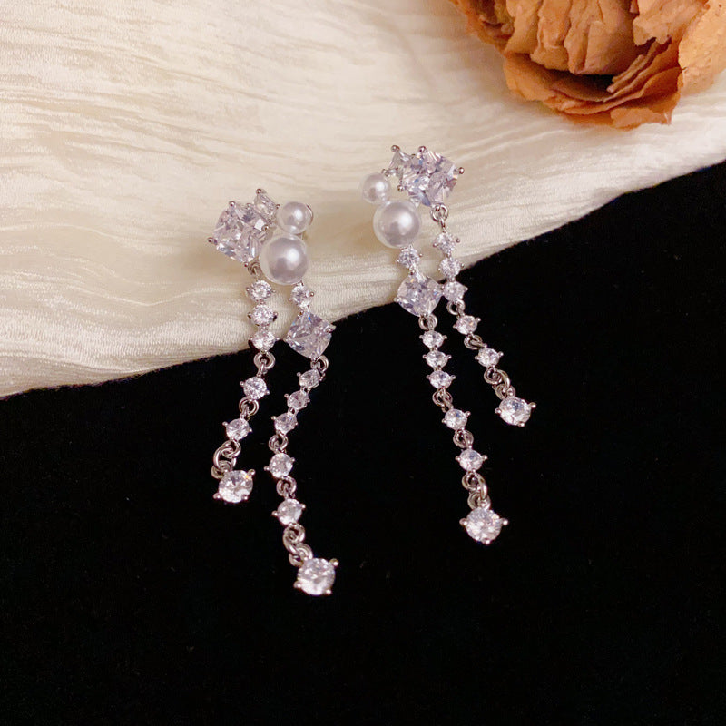 Luxury Full-Zircon & Pearl Long Tassel Drop Earrings– Geometric Design