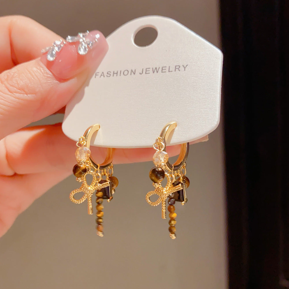 Eaioncol Bow Tiger Eye Tassel Hoop Earrings 14K Gold Plated