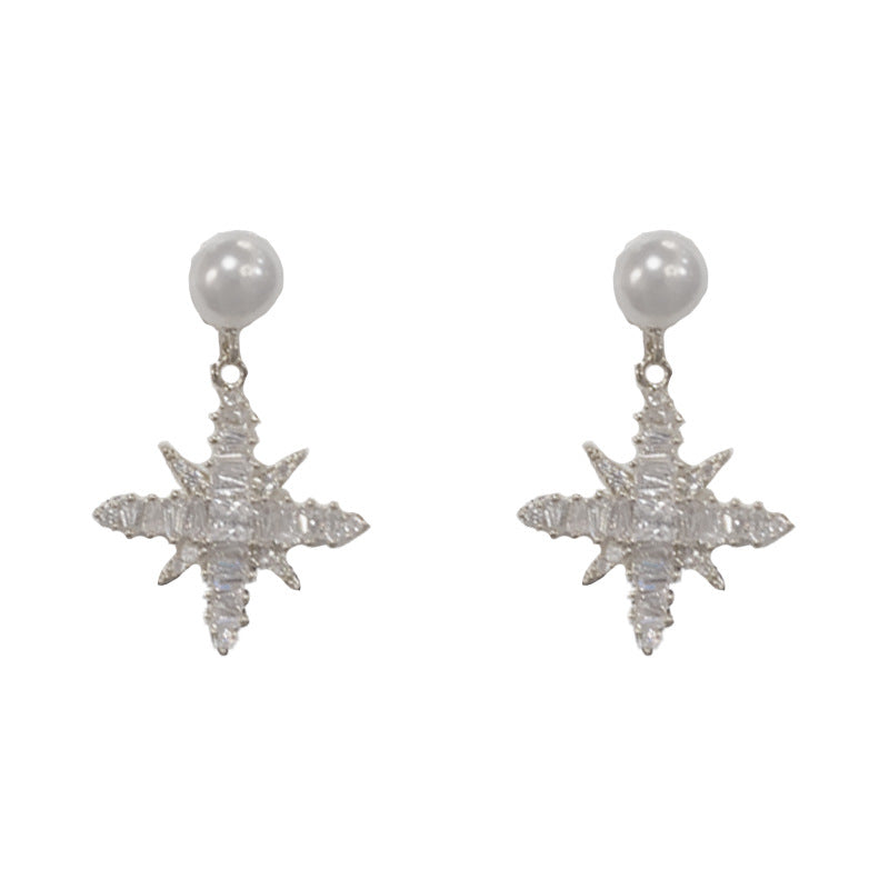 Elegant Zircon Starburst Pearl Drop Earrings – Celestial Design