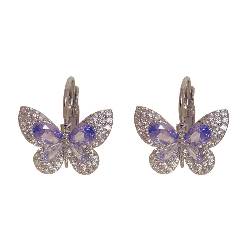 Elegant Zircon Purple Butterfly Hoop Earrings – Minimalist Design