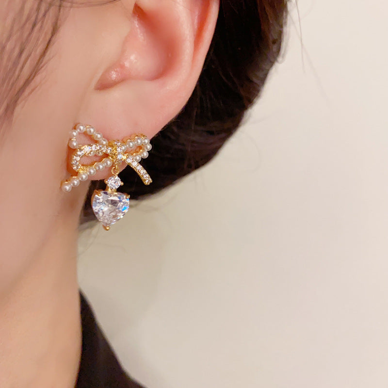 14KGold-Plated Pearl Bowknot Zircon Water Drop Earrings-Elegant Deisgn