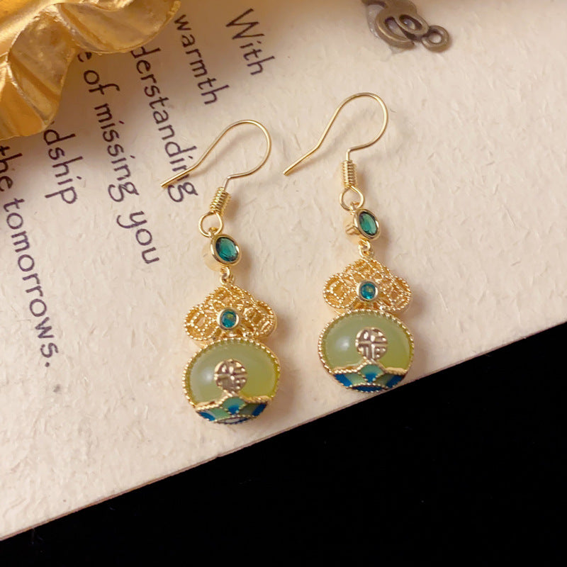 Elegant Imitation Jade Gourd Tassel Drop Earrings – Auspicious Design