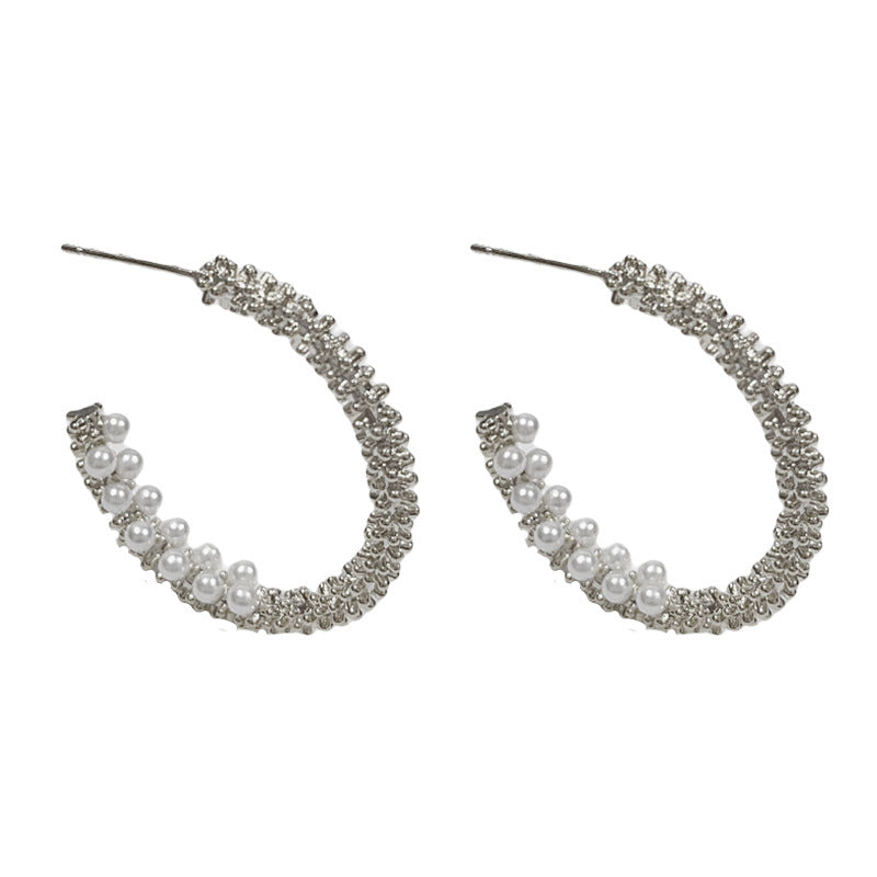 14K Gold Crushed Silver Pearl Hoop Earrings- Chic Minimalist Design