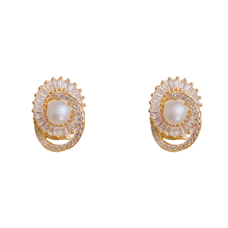 Luxury Zircon Linked Pearl Oval Stud Gold Earrings – Geometric Design
