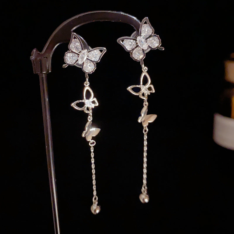 14K Gold-Plated Zircon Butterfly Tassel Earrings – Elegant Design