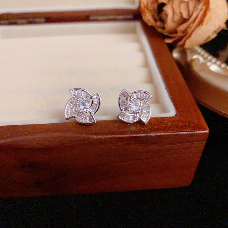 Luxury Full-Zircon Windmill Stud Elegant Earrings – S925 Silver Needle