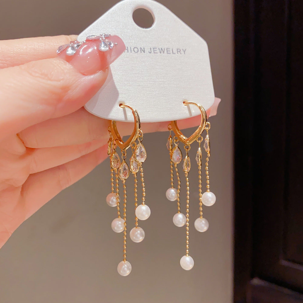Eaioncol Teardrop Pearl Tassel CZ Earrings Gold Silver