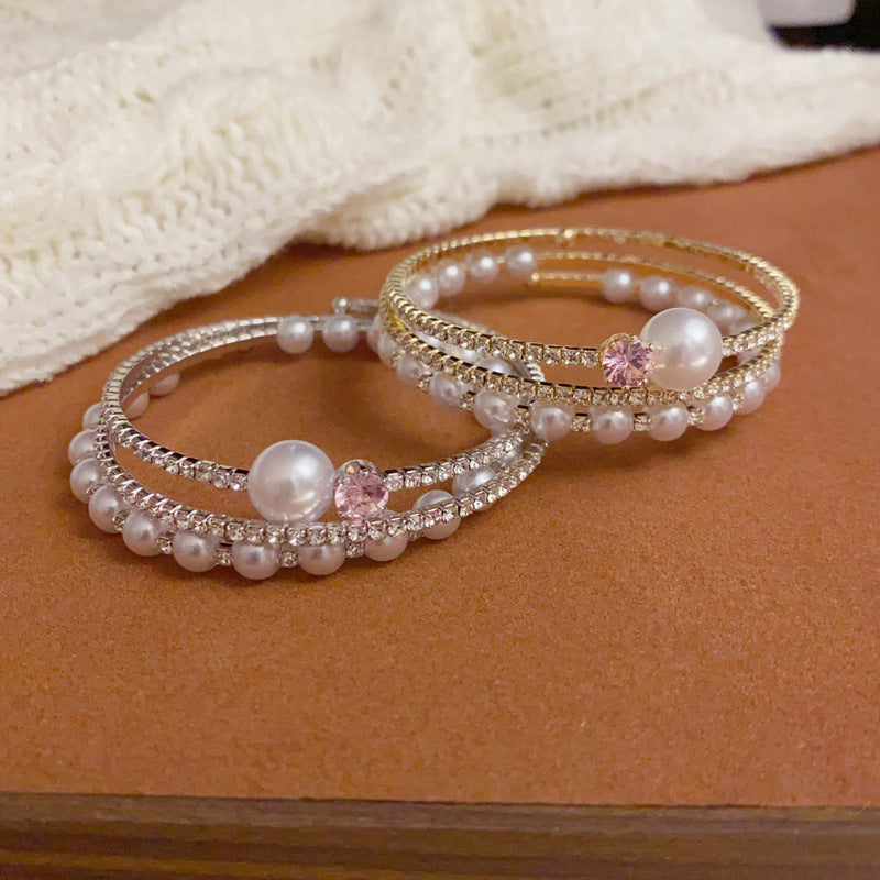 14K Gold-Plated Zircon Pearl Layered Bracelet – Chic Minimalist Design