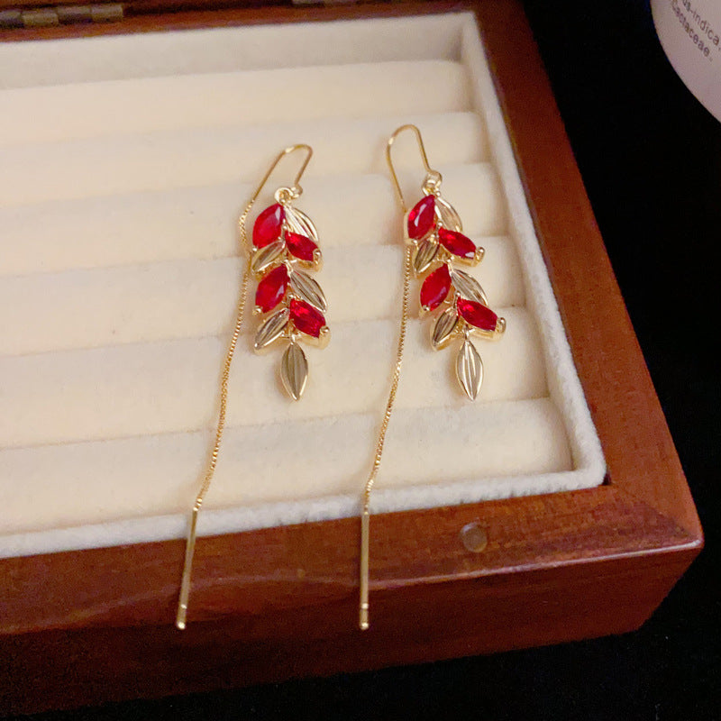 14K Gold-Plated Zircon Red Wheat Ear Thread - Elegant Tassel Design