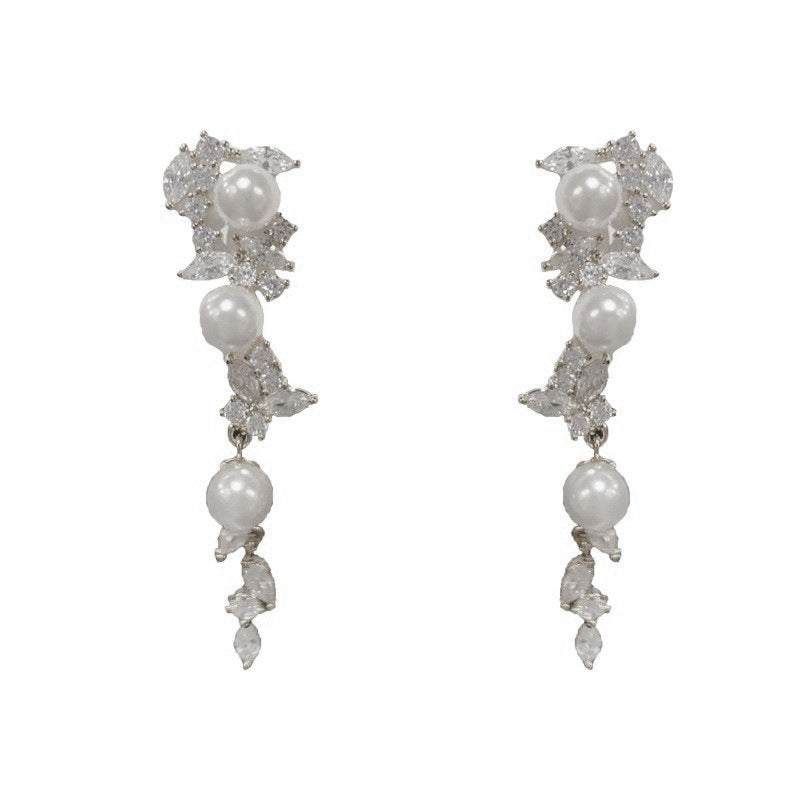 Luxury Zircon Leaf Long Pearl Tassel Drop Earrings – French Design