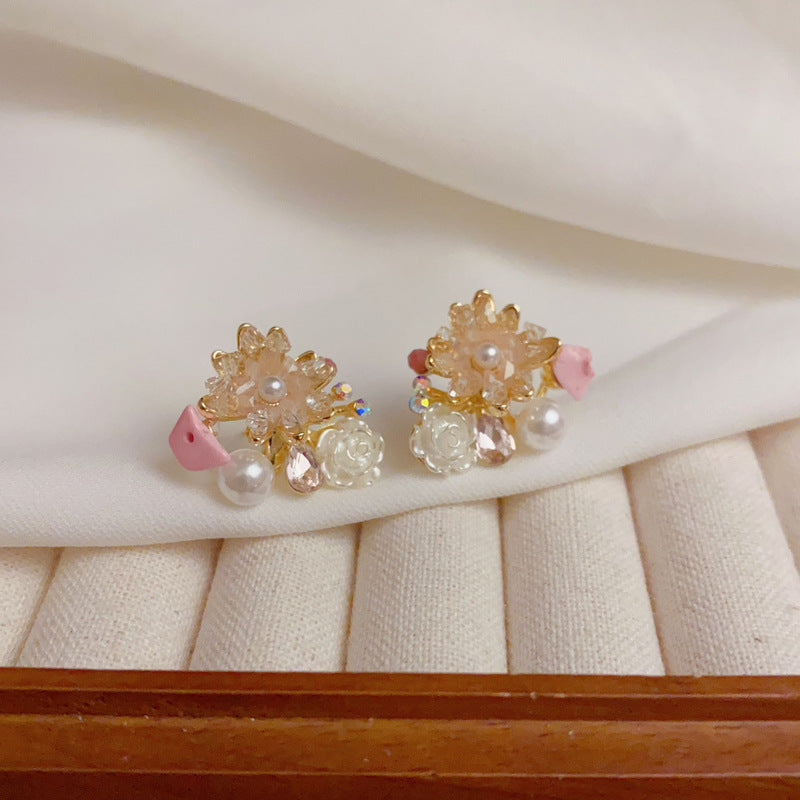 14K Gold Handcrafted Camellia Crystal Stud Earrings – Elegant Design