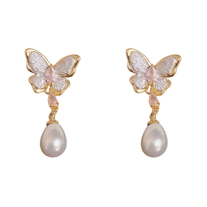 Luxury Butterfly Teardrop Pearl Drop Gold Earrings – Elegant Design