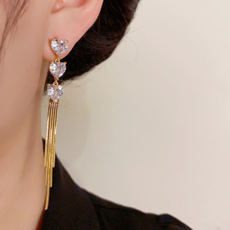 14K Gold Zircon Heart Long Tassel Drop - Chic Elegance Design