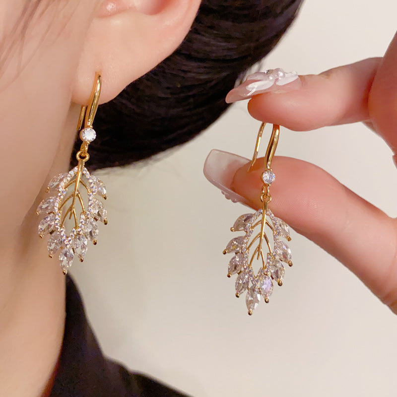 14K Gold-Plated Autumn Leaf Zircon Hook Earrings– Delicate & Sparkling