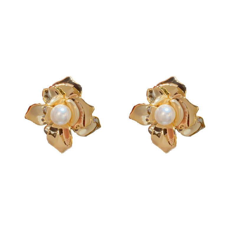14K Gold-Plated Metal Pearl Petal Earrings - Vintage French Style