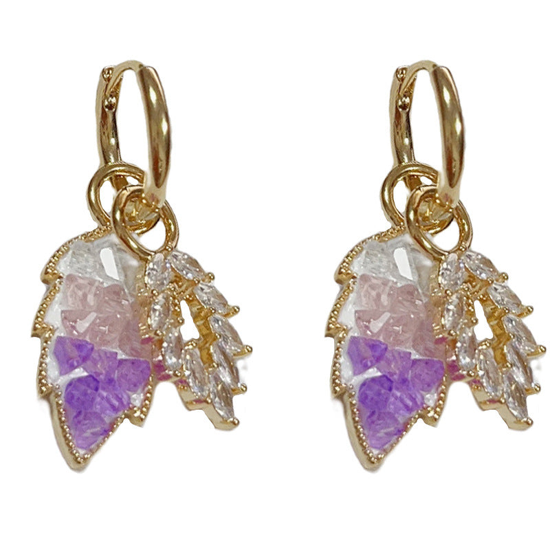 14K Gold Purple Full Zircon Leaf Tassel Earrings- Chic Elegance Design