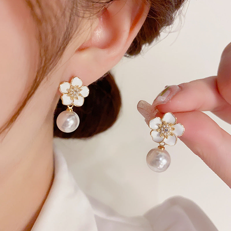 14K Gold-Plated Camellia Pearl Drop Earrings – French Chic Design