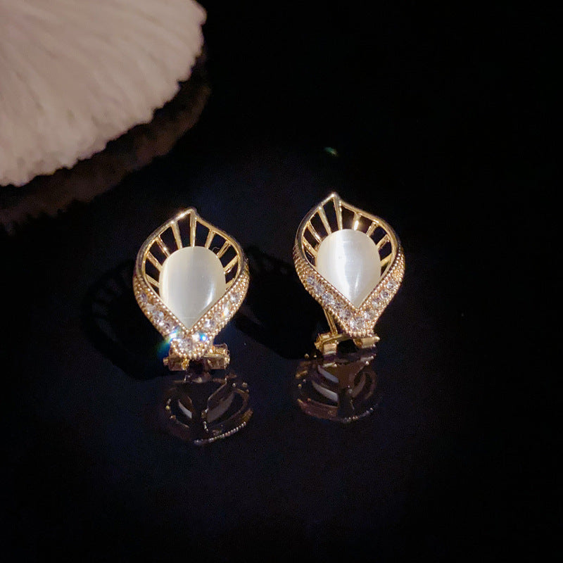 14K Gold Plated Hollow Leaf Stud Earrings – Cat Eye Stone Korean Style