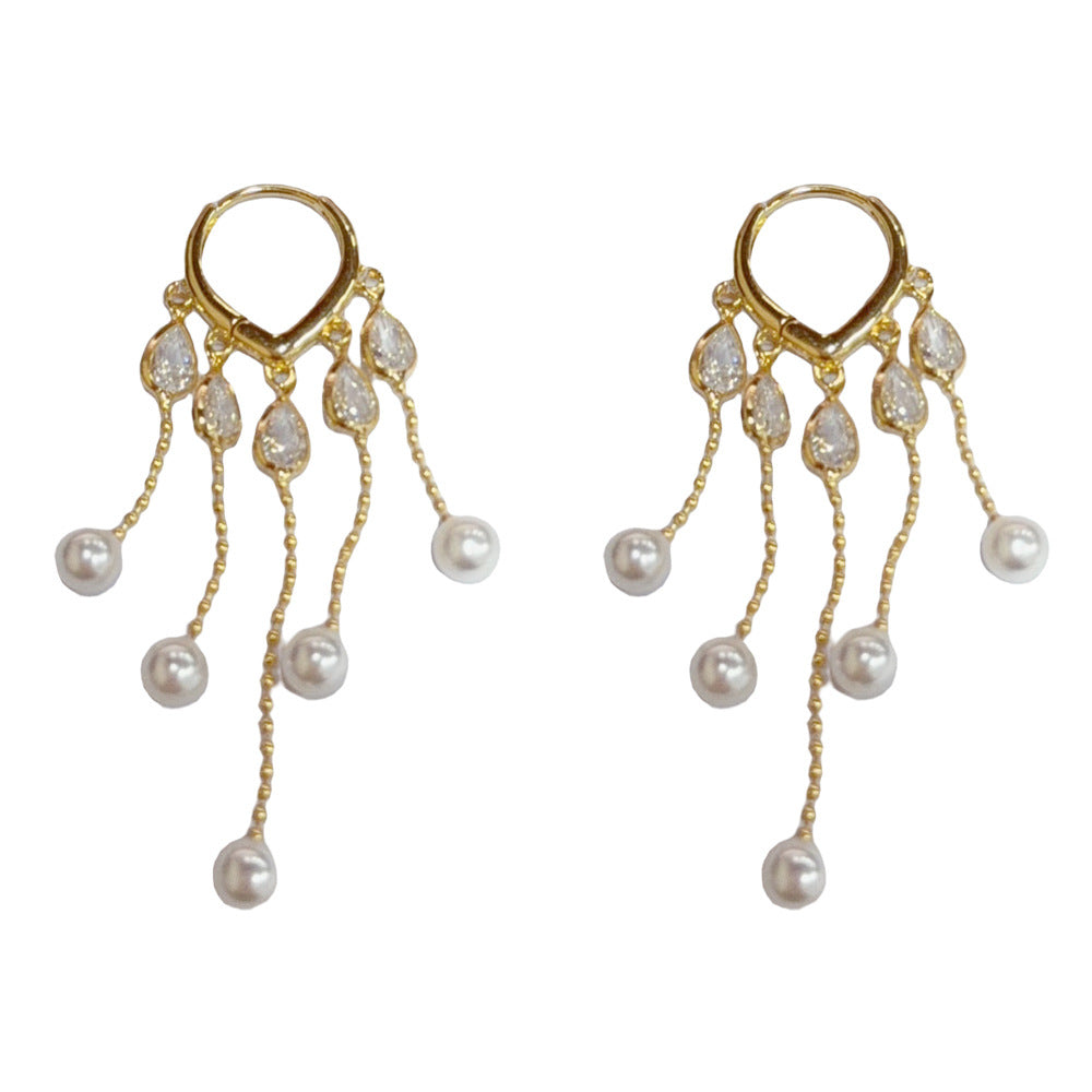 Eaioncol Teardrop Pearl Tassel CZ Earrings Gold Silver