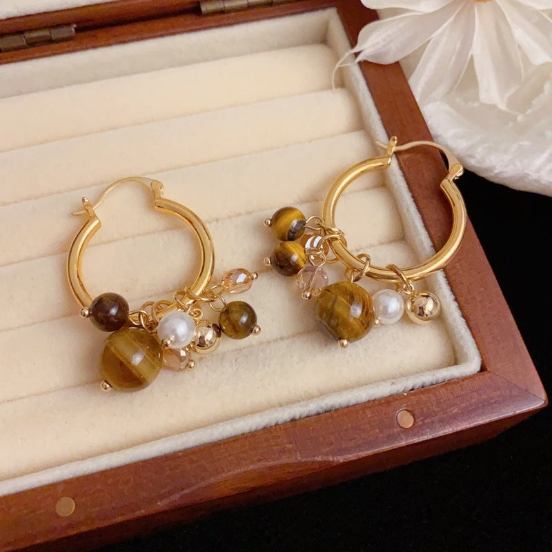 Elegant Tiger's Eye Bead Tassel Hoop Earrings – Geometric Design