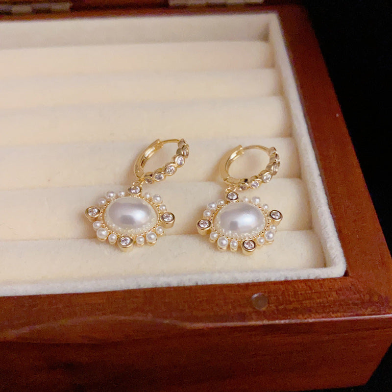 14K Gold Pearl Zircon Sunflower Earrings - Chic Elegance Design