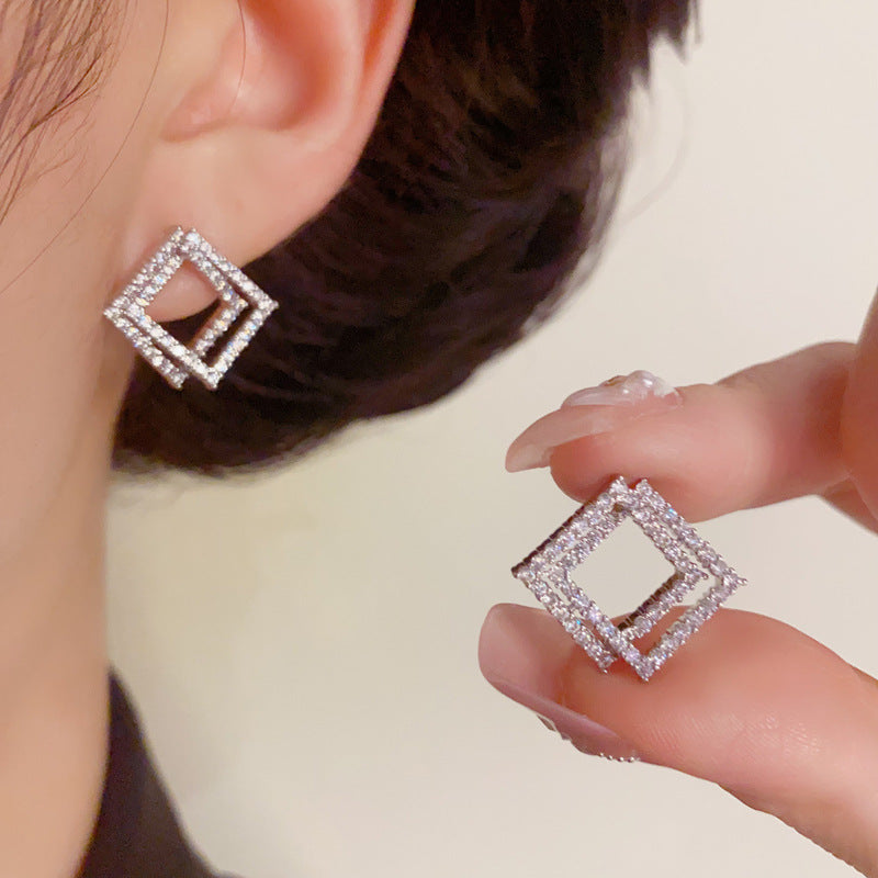 Zircon Double-Layer Diamond-Shaped Stud Earrings – Geometric Design