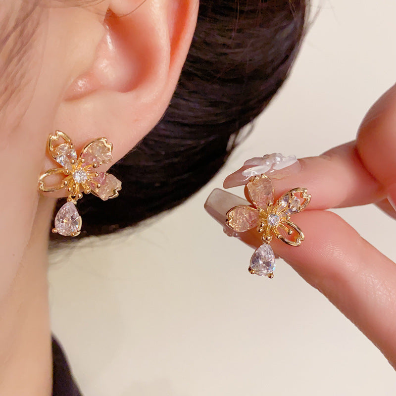 14K Gold Pink Crystal Flower Petal Drop Earrings – Sweet & Elegant