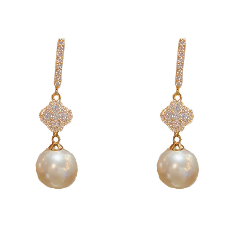 Elegant Zircon Four-Leaf Flower Pearl Drop Earrings – K-Beauty Design