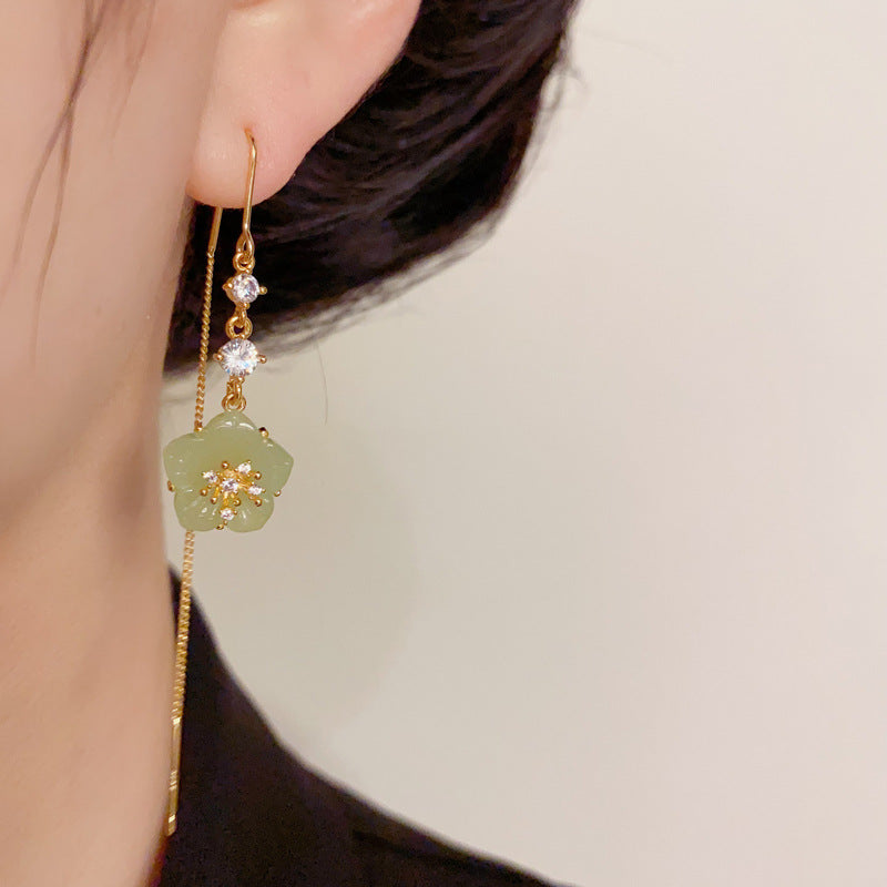14K Gold Zircon Green Floral Tassel Threader Earrings – Elegant Design