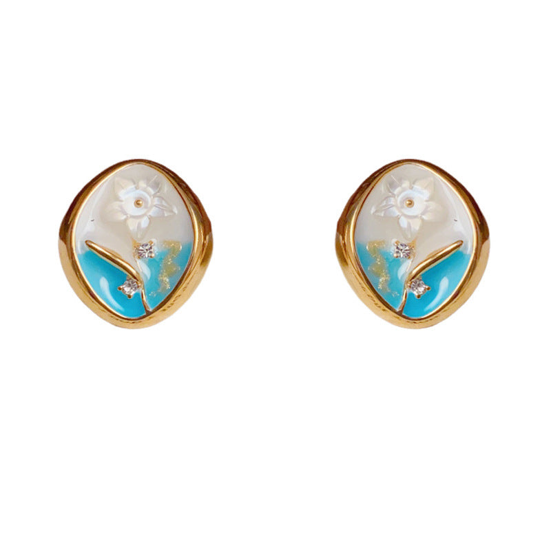 Sweet Gradient Flower Diamond-Shaped Gold Earrings– S925 Silver Needle