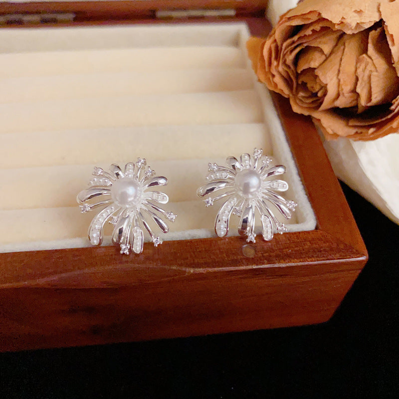 Luxury Metal Pearl & Firework Stud Earrings – Elegant Floral Design